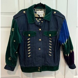 Vintage Laurel Jacket Denim Colorblock Velvet Gold Embroidered Studded Coat